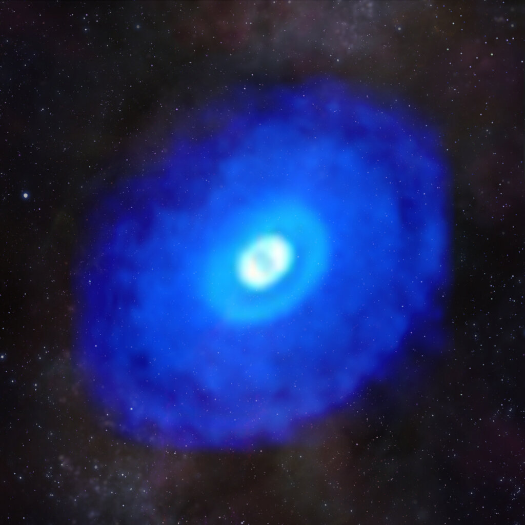 Eine blau leuchtende Scheibe.